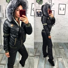 Зимний женский костюм на холлофайбере с пышным мехом на капюшоне Батал 48+ Зимний женский костюм на холлофайбере с пышным мехом на капюшоне Батал 48+