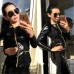 Женский костюм пиджак и лосины и кожаными вставками под питона