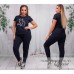 Летний женский костюм футболка с аппликацией из камней и штаны на манжене Большие размеры