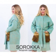 Пальто с мех карманами букле, шерсть бат