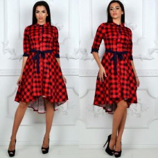 Женское платье в клеточку асимметричная юбка 